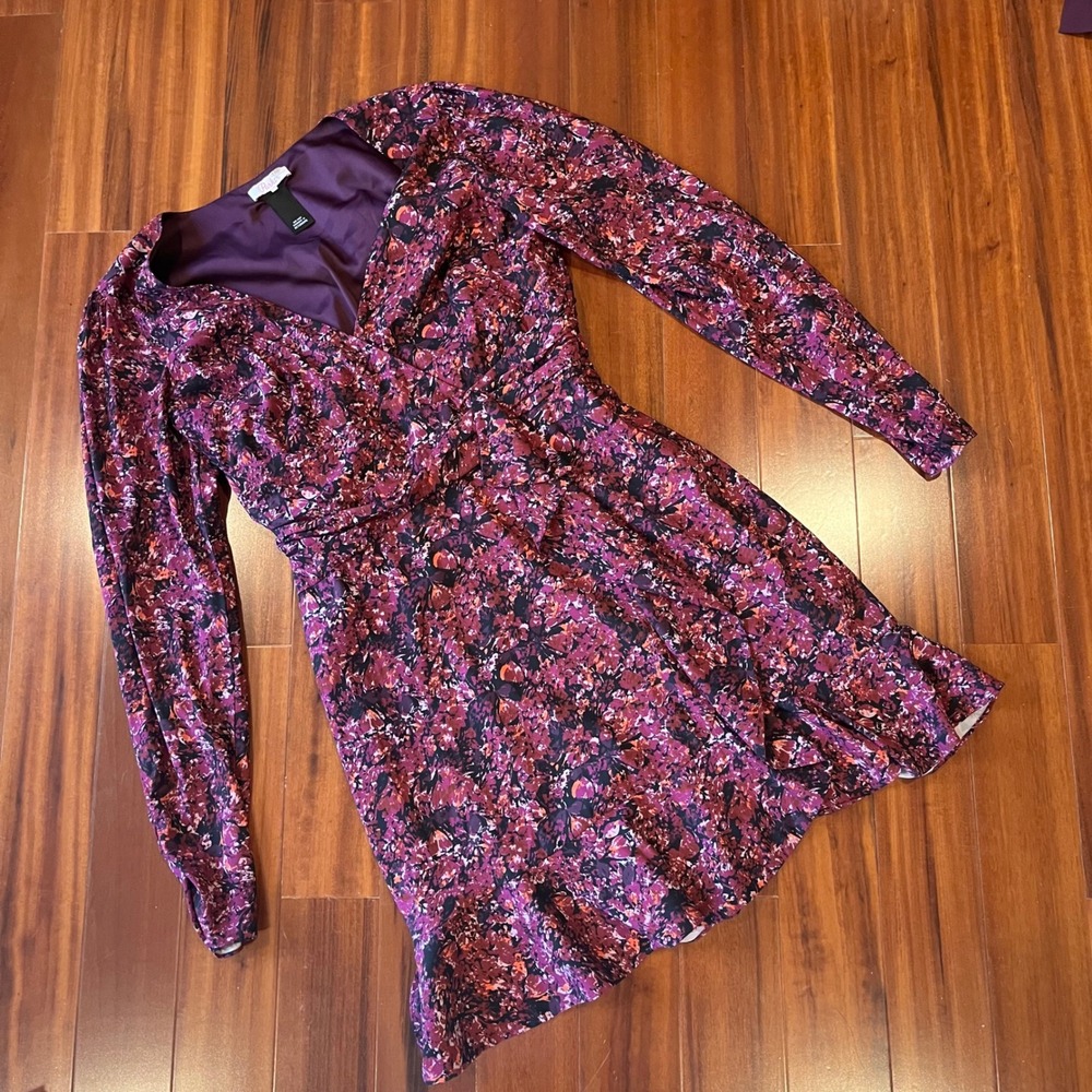 Parker Long Sleeve Dress Floral Magenta Purple Burgundy V-Neck Mini Dress Size 8